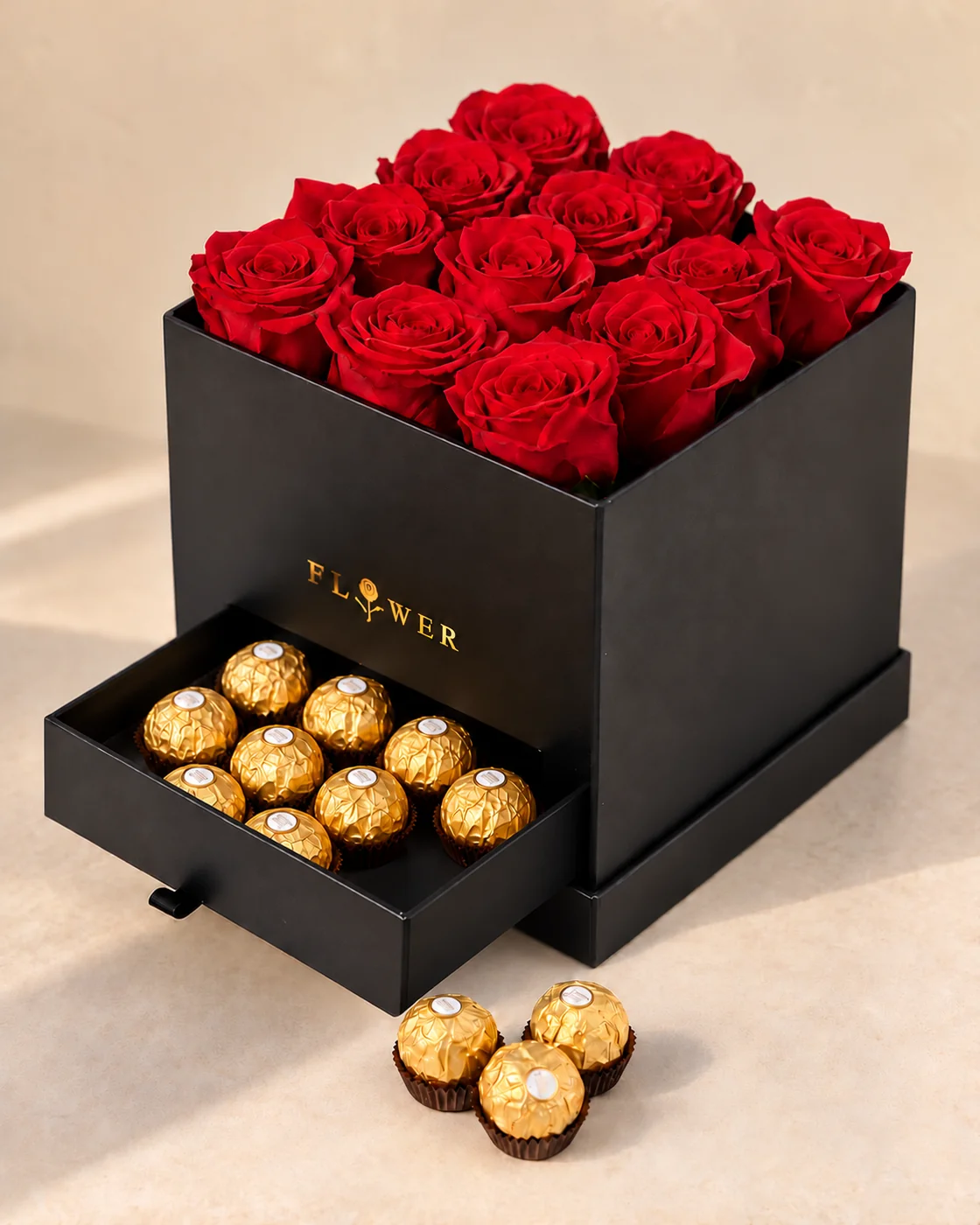 BOX 12 rosas y 12 Bombones Ferrero Rocher