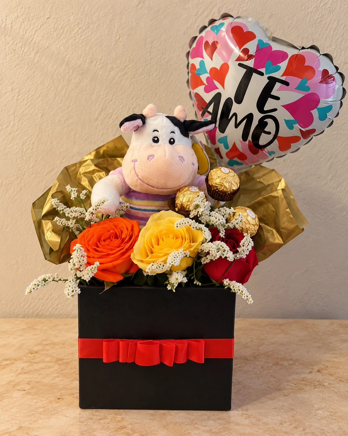 Box con Peluche, Rosas y Ferrero Rocher