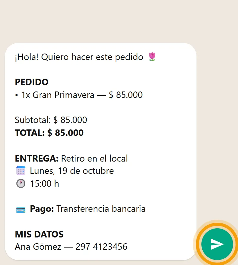 Se abre WhatsApp con todo escrito. Tocá «enviar ➤».